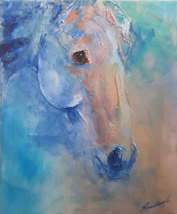Horse Head - a painting in Blue and Peach by Artist SundayL