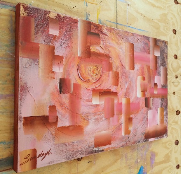 This piece started out very differently.  The 'pasting' was that of a tight rose, just the inference of the petals, and in rich tones of orange and russet with highlights of gold.  And so it was for quite a few months.  But there was something about it that wasn't right - it resembled a tunnel of light, but it just wasn't right.  I brought it back into my studio and was inspired to place the seemingly random brush strokes over the work.  It came alive instantly.  I like the' jarriness' of the 'floating' blocks which look like they are in front of the vortex beyond.